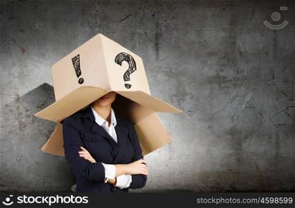 Box on head. Funny businesswoman with carton box on head