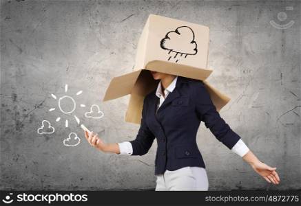 Box on head. Funny businesswoman with carton box on head