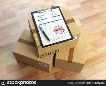 Box, pen, clipboard with receiving form and stamp delivered isolated on white. Delivery concept. 3d illustration