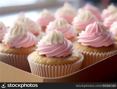 Box with fresh sweet cupcakes with pink cream.AI Generative