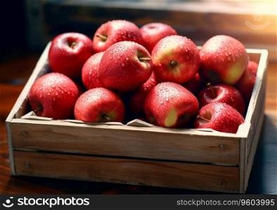Box with ripe red sweet apples on wooden table.AI Generative