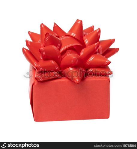 box wrapped in red paper and tied with a red ribbon on a white background, celebration