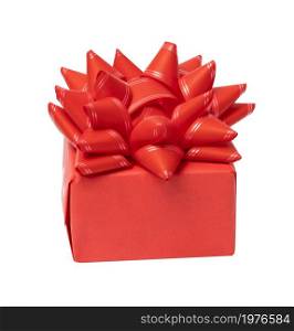 box wrapped in red paper and tied with a red ribbon on a white background, celebration