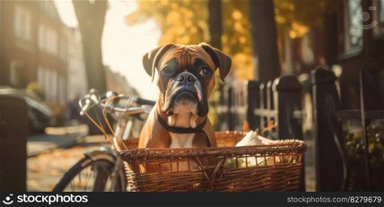 Boxer dog have fun bicycle ride on sunshine day morning in summer on town street