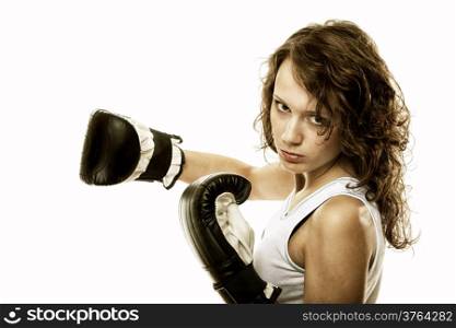 Boxer fit woman boxing - isolated over white background