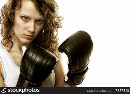 Boxer fit woman boxing - isolated over white background