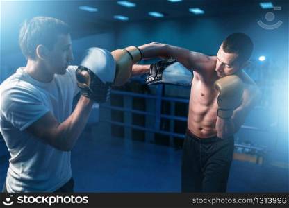 Boxer in gloves exercises with personal trainer. Boxing workout, mens sport