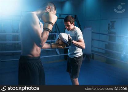 Boxer in gloves exercises with personal trainer. Boxing workout, mens sport. Boxer in gloves exercises with personal trainer