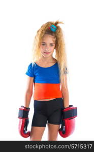 boxer kid blond girl with funny boxing gloves on white background