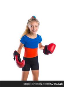 boxer kid blond girl with funny boxing gloves on white background
