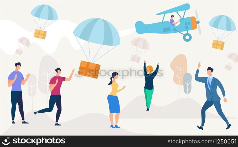 Boxes Falling Down with Parachutes from Airplane on Sky Background. Men and Women Catching Parcels. Postal Air Mail Express Delivery. Cargo Shipping Package Service. Cartoon Flat Vector Illustration. Boxes Falling Down with Parachutes from Airplane