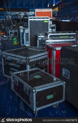 boxes for equipment. preparation for a concert. boxes for equipment.