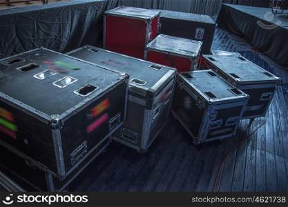 boxes for equipment. preparation for a concert. boxes for equipment.