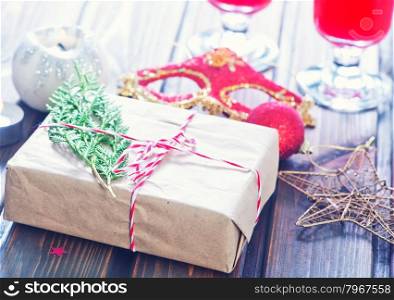 boxes for present on the wooden table, xmas background