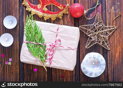 boxes for present on the wooden table, xmas background