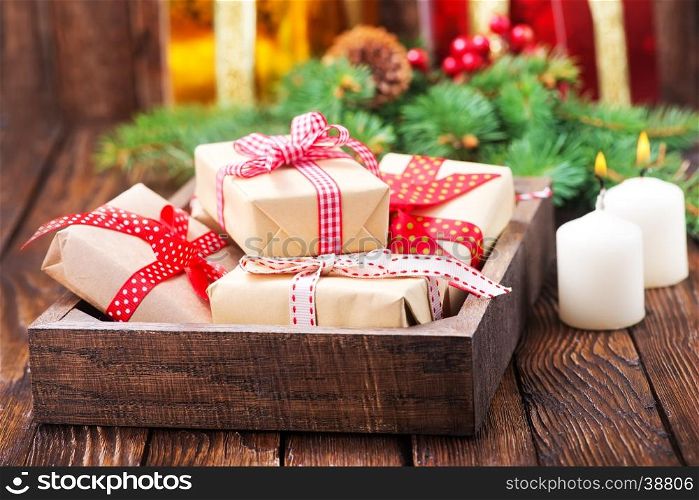 boxes for present with color ribbons, christmas gifts