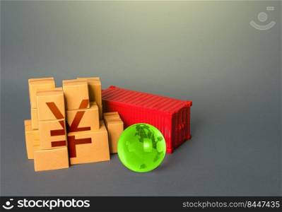 Boxes of goods and chinese yuan or japanese yen symbol. Production, warehousing storage and shipping logistics worldwide. World trade economy. Manufacture products. Markets. Business globalization