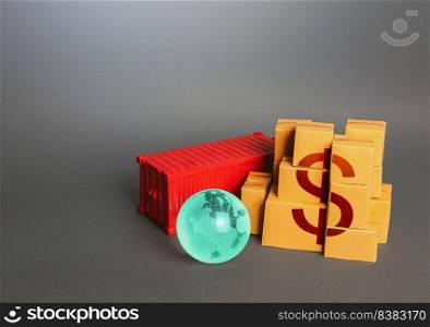 Boxes of goods and dollar symbol. World trade economy. Manufacture freight and sale of products. Markets. Business globalization. Production, warehousing storage and shipping logistics worldwide.