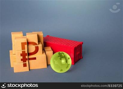 Boxes of goods and russian ruble symbol. Production, warehousing storage and shipping logistics. Manufacture freight and sale of products. Markets. Business globalization. World trade economy.