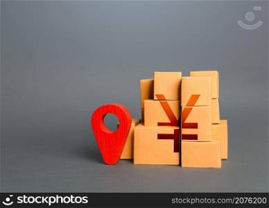 Boxes with chinese yuan or japanese yen symbol and red location pin. Import export. Domestic manufacturer. Supply distribution of goods. Transportation delivering logistics, management. Trade in goods