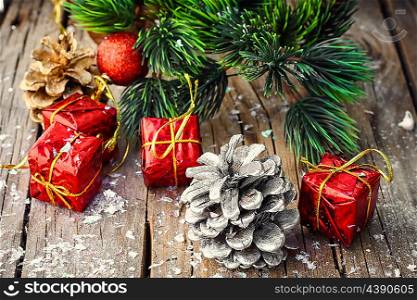 Boxes with Christmas gifts,fir tree and pine cone