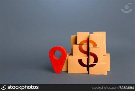 Boxes with dollar symbol and red location pin. Transportation delivering logistics, warehouse management. Import export. Tracking. Supply distribution of goods. Trade in goods. Domestic manufacturer