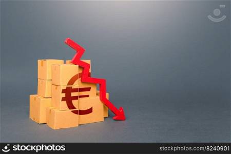 Boxes with euro symbol and down arrow. Decrease in stocks of products. Worsening trade. Embargo, sanctions. Low consumption. Economic slowdown. Price reduction. The fall in the production of goods.. Boxes with symbol and down arrow. Decrease in stocks of products. The fall in the production of goods. Worsening trade. Embargo, sanctions. Low consumption. Economic slowdown. Price reduction