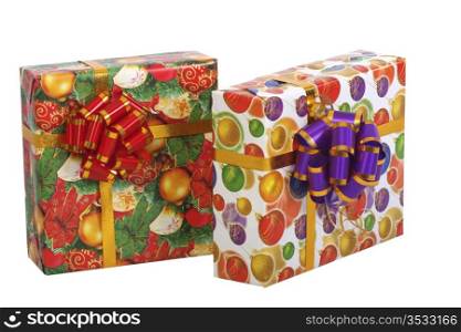 Boxes with gifts. On a white background, a close up