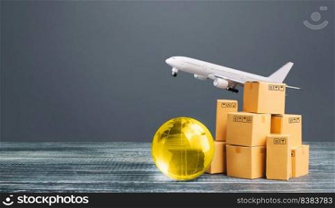 Boxes with globe and freight plane. International delivery of goods and products. Logistics, infrastructure hubs. Global business, import, export. Economic relations commerce. Cargo air transportation