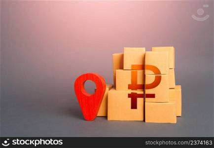 Boxes with russian ruble symbol and red location pin. Import export. Supply distribution of goods. Transportation delivering logistics, management. Trade in goods. Domestic manufacturer.