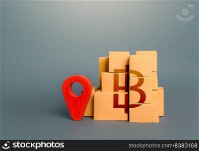Boxes with thai baht symbol and red location pin. Supply distribution of goods. Transportation delivering logistics, management. Trade in goods. Import export. Domestic manufacturer.