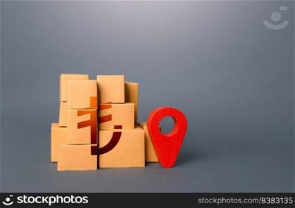 Boxes with turkish lira symbol and red location pin. Domestic manufacturer. Supply distribution of goods. Transportation delivering logistics, management. Trade in goods. Import export.