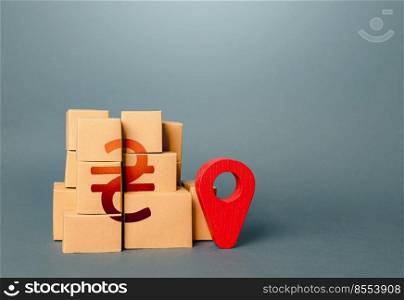 Boxes with ukrainian hryvnia symbol and red location pin. Domestic manufacturer. Supply distribution of goods. Transportation delivering logistics, management. Trade in goods. Import export.