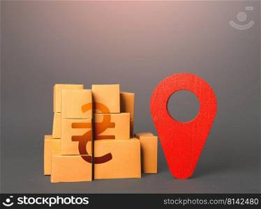 Boxes with ukrainian hryvnia symbol and red location pin. Domestic manufacturer. Tracking. Supply distribution. Import export. Trade in goods. Transportation delivering logistics, warehouse management