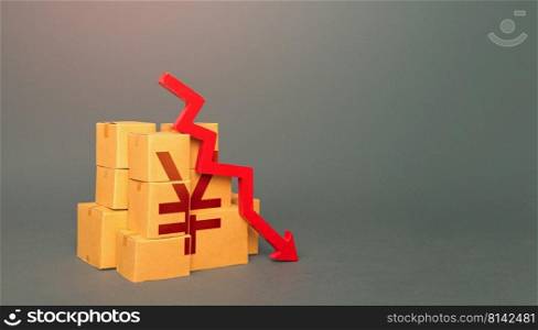 Boxes with yuan or yen symbol and down arrow. Fall in the production of goods. Worsening trade. Embargo, sanctions. Low consumption. Economic slowdown. Price reduction. Decrease in stocks of products.