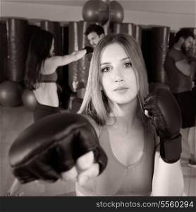 Boxing aerobox blond woman portrait in fitness gym training workout