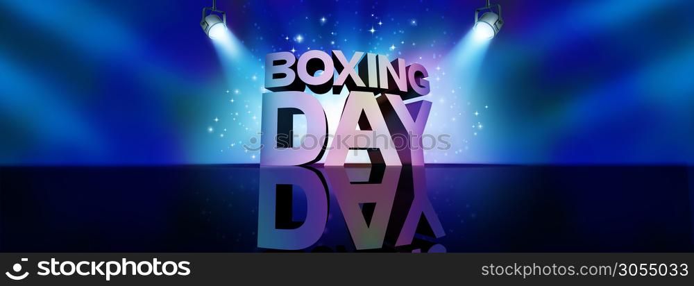 Boxing day background discount sale greeting banner sign as a text on a stage with spot lights and sparkles as a party to celebrate a newyear savings holiday season as a 3D illustration.