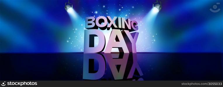Boxing day background discount sale greeting banner sign as a text on a stage with spot lights and sparkles as a party to celebrate a newyear savings holiday season as a 3D illustration.