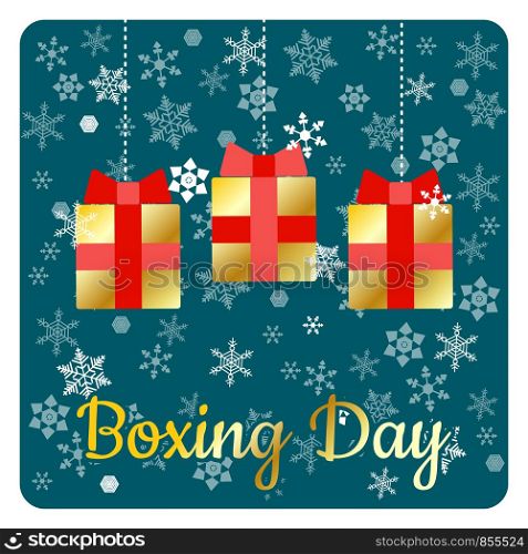 Boxing Day. Concept of the holiday in the UK and the British Commonwealth. 26 December. Gifts. Hanging gift boxes. Background with snowflakes.. Boxing Day. Holiday in the UK and the British Commonwealth. 26 December. Gifts. Hanging gift boxes. Background with snowflakes.