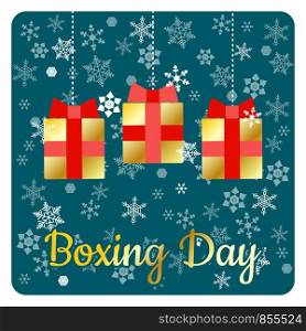 Boxing Day. Concept of the holiday in the UK and the British Commonwealth. 26 December. Gifts. Hanging gift boxes. Background with snowflakes.. Boxing Day. Holiday in the UK and the British Commonwealth. 26 December. Gifts. Hanging gift boxes. Background with snowflakes.
