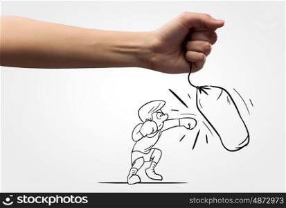 Boxing sport. Funny caricature of boxer man hitting punchball