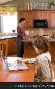 Boy (4-5) using laptop while mother cutting fruits in kitchen