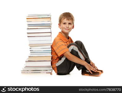 Boy and books isolated on a white background. Back to school