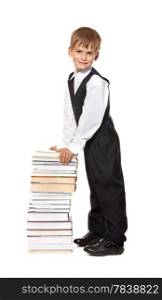 Boy and books isolated on a white background. Back to school