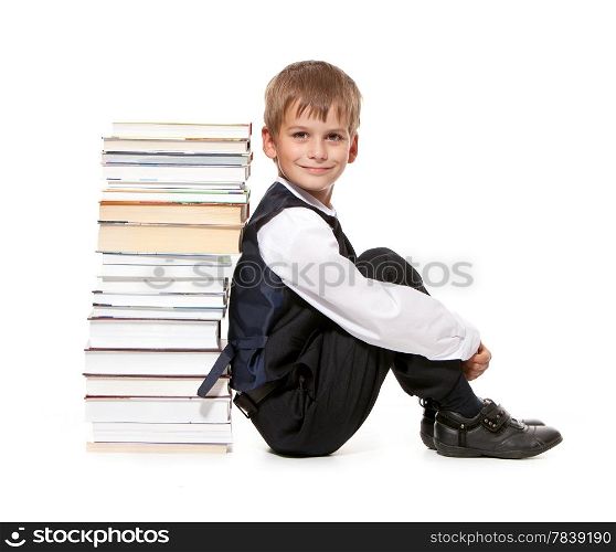 Boy and books isolated on a white background. Back to school