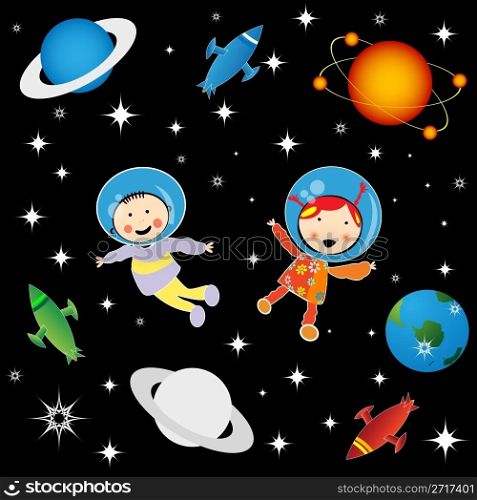 Boy and girl astronauts in cosmos, character development graphic