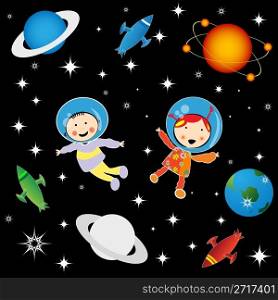 Boy and girl astronauts in cosmos, character development graphic