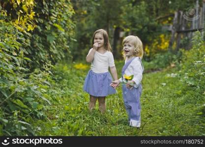 Boy and girl walking in the green garden.. The children walk along the summer garden 4759.