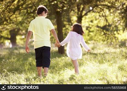 Boy And Girl Walking Through Summer Field Together