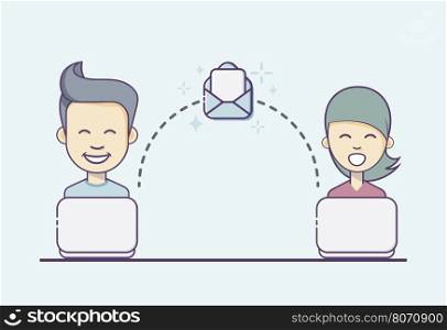 Boy And Girl With Email Symbol.
